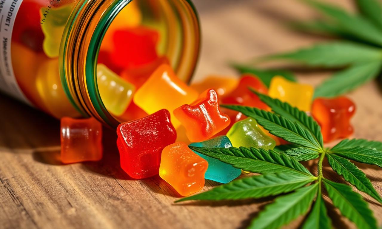 TruRelieve CBD gummies spilling from bottle with hemp leaves
