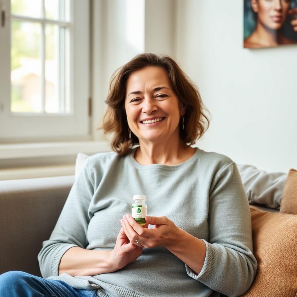 Happy customer relaxing on her sofa with TruRelieve CBD Gummies